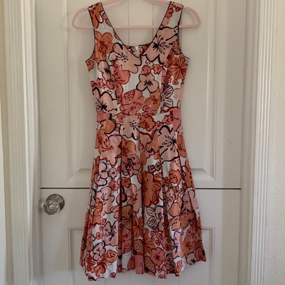 T.S. Size 8, Floral peach and purple midi dress with pockets. - Picture 1 of 10